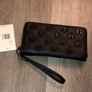 Betsey Johnson Black Faux Leather ZA Wallet Gunmetal Tone Spider Stud Accent NWT